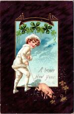 Postcard New Year~Boy in White Snowsuit Drags Pig on Leash Snow TUCK PC5 picture