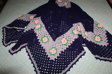 Vtg Pink Purple Lavender 3D Roses Flower Afghan Crocheted Blanket Cover Throw picture