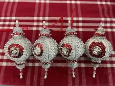 Vintage Handmade Christmas Ornament Bulb Lot 4 Red White Silver picture