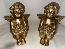 ANGELS CHERUBS GOLD RESIN SITTING FIGURINE STATUES - SET OF 2 - NEW picture