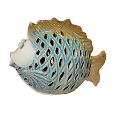 Aqua Blue Ceramic Tropical Fish Figure W/ Cut Out Design Beach House Decor 6x9