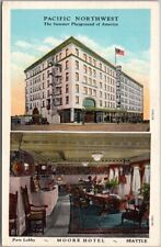 Vintage 1930s SEATTLE Washington Postcard MOORE HOTEL Lobby & Street View /Linen picture