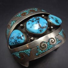 CHARLIE SINGER Navajo VINTAGE Sterling Silver TURQUOISE Cuff BRACELET Chip Inlay picture