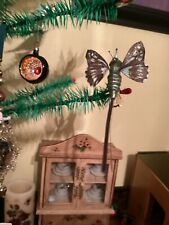 Antique Blue & Grey & Mica LARGE BUTTERFLY MOTH Spun Glass LONG TAIL CLOTH WINGS picture