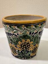 Mexican Pottery Planter Antique Pot Handpainted Terracotta Sunflowers. picture