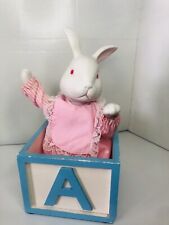 Vintage Bunny In ABC Block-Music Box Animated Nursery Easter “Its A Small World” picture