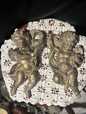 Vtg Pair Of Wall Hanging Cherubs Angels Resin Gold Tone 9” Tall Decor Homco Cute picture