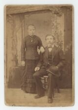 Antique c1880s ID'd Cabinet Card Mr. & Mrs. George Mertz Posing Hat Mustache picture