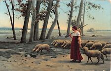 Shepherdess With Her Flock of Sheep on Old Stengel Postcard - In The Countryside picture