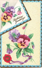 Birthday Greetings, Purple Pink Yellow Flowers, Embossed, Vintage Postcard picture