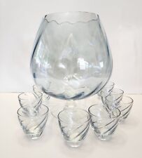 1950's Optical Illusion Blue Swirl Punch Bowl  8 Roly Poly Glasses MCM picture