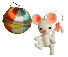 VINTAGE CHRISTMAS ORNAMENTS Tinsel Ball Sugared Mouse Flocked 1950s  picture