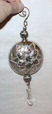 Christmas Ornament Silver Glass Medallion With Poinsettia Flower & Glass Prism picture