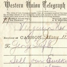 Scarce Vintage 1878 Western Union Telegraph Carson City 