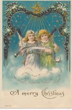 CHRISTMAS - Two Angels Holding Scroll A Merry Christmas Postcard picture