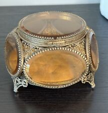 Amber Beveled Glass Gold Filigree Jewelry Casket 5 Sides Vintage/Antique picture