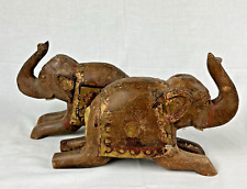 Vtg Pair Hand Carved Wood Elephant W/ Metal Trim & Drawer-Kneeling-Trunk Up picture