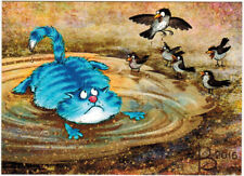 Missed BLUE CAT'S MISADVENTURE Puddle Birds Russian postcard by R.Zenyuk picture