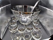 Vtg. Dorthy Thorpe 14 Pcs. Etched Punchbowl Roly Poly Glasses Wide Silver Band  picture