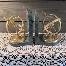 Vintage Nautical Armillary  Brass Green Marble Bookends 1970s picture