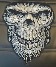 BLACK AND WHITE LARGE SKULL WITH TEETH IRON ON BIKER PATCH 11X10 INCH picture