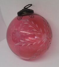 Large Vintage Cranberry / Pink / Red Kugel Style Etched Glass Christmas Ornament picture