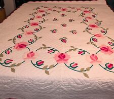Gorgeous Antique Vintage Rose Flower Quilt Hand Quilted 1930's Rare Pink Back  picture