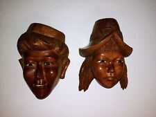 Hand Carved Wood Head of Indigenous Man & Woman. Glass Eyes, Sold as a Set. picture