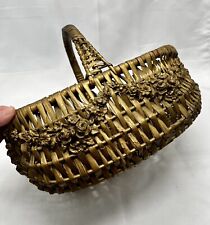 Antique Barbola Wicker Bridal Basket Handled Victorian VTG Orignl Old Gold Paint picture