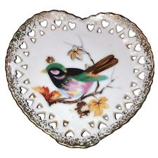 Vintage Japan Lattice Plate, Hand Painted Bird Lattice Edged Heart Shaped Plate picture