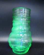 Vintage Green Uranium Glass Flower Vase Ribbed Coil Braided Trim Glows picture