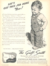 1943 WWII United Gas Texas Kid Demands war ends vtg ART PRINT AD boy overalls picture