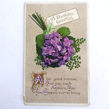 Antique Postcard Birthday Greetings Purple Hydrangea Flowers Embossed Filigree picture