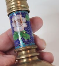 Vtg Cloisonne & Brass? Flowered Enamel Taper Candlestick Holder Cobalt 5