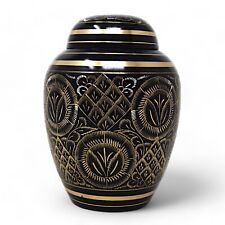 Black Hand Engraved Medium Size Brass Funeral Cremation Ash Keepsake Adults Urn picture