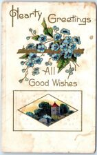 Postcard - House & Flowers Art Print - Hearty Greetings All Good Wishes picture