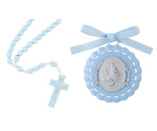 Boy's Baptism Gifts Blue Guardian Angel Crib Medal & Blue Wooden Rosary Catholic picture