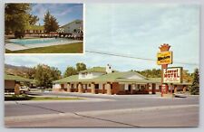 Postcard Cody Wyoming Sunset Motel with Inset of Swimming Pool Area picture