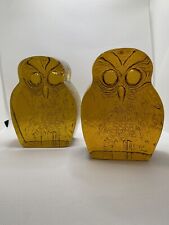 Vintage MCM Pair BLENKO Joel Myers Amber Yellow Brown Art Glass Owl Bookends 7
