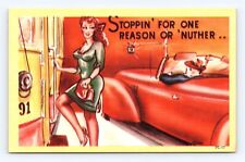 Postcard 1940s Humor Risqué Man Woman 'Stoppin for One Reason or Another' Dress picture