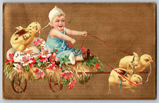 A Happy Easter - Easter Chicks Pulling Wagon & Baby  - Vintage Postcard, Posted picture