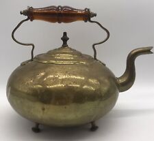 VICTORIAN BRASS TEAPOT BLOWN GLASS HANDLE/GALVANIZED/BRITISH/MARKED WITH A SUN. picture