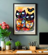 Vibrant Abstract print Art Four Cats & Black Bird LARGE  13 X 19  picture