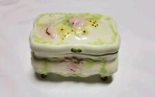 Vintage Handmade 1970s Ceramic Footed Trinket Box Pink/Green/Yellow Floral 5
