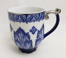 Grace by Bombay Mug Cup Colbalt Blue White Silver Tone Trim 4 1/8