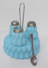 Antique DITHRIDGE & CO Blue Opaline  Bulging Teardrop Milk Glass CONDIMENT SET - picture