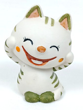 Vintage Kawaii Kitty Cat Figurine Ceramic Happy Smiling White with Green Stripes picture