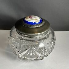 Beautiful Vintage Glass Vanity Jar Silver Toned Lid Porcelain Hand Painted Top picture