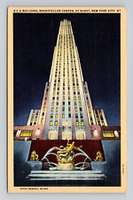 Postcard Rockefeller Center at Night New York City NY, Vintage Linen N12 picture
