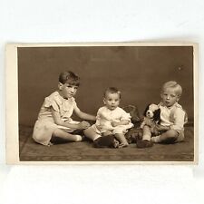 Vintage RPPC Children White Dress Stuffed Dog Boy Girl Real Photo Postcard picture